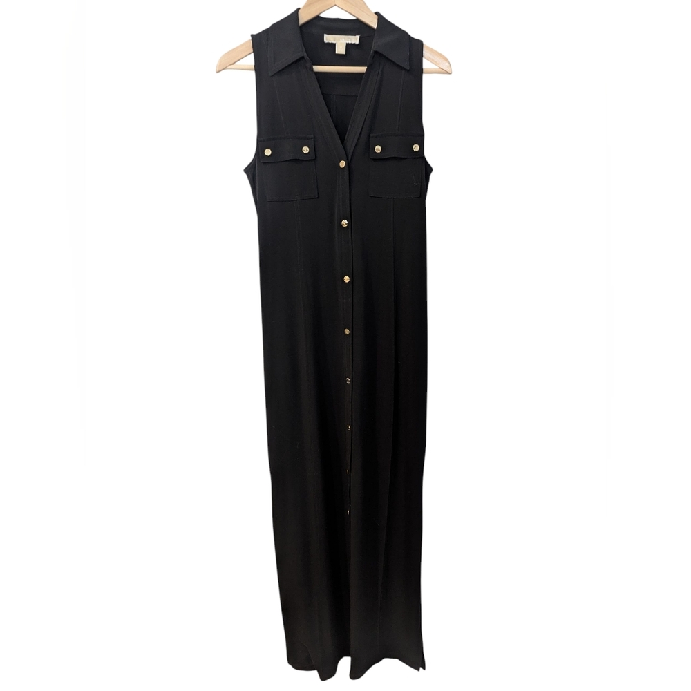 Michael Kors Black Sleeveless Maxi Shirt Dress with Gold Buttons